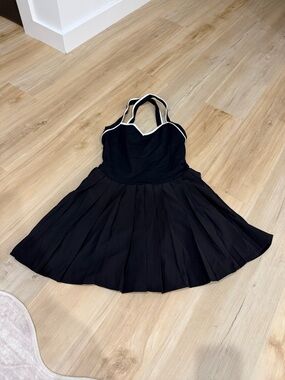 Black Pleated Skater Dress with White Trim